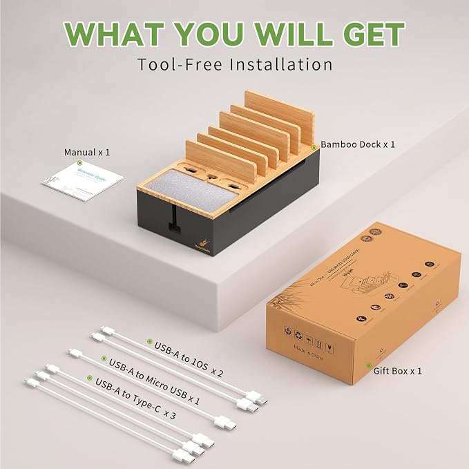 Pezin & Hulin Cord Organizer Box with 6 Wire Cables-Natural + Black | Surge Protector Organizer, Device Charger Station for Phones & Tablets, Wood Charging Dock , No Power Supply - Image 7