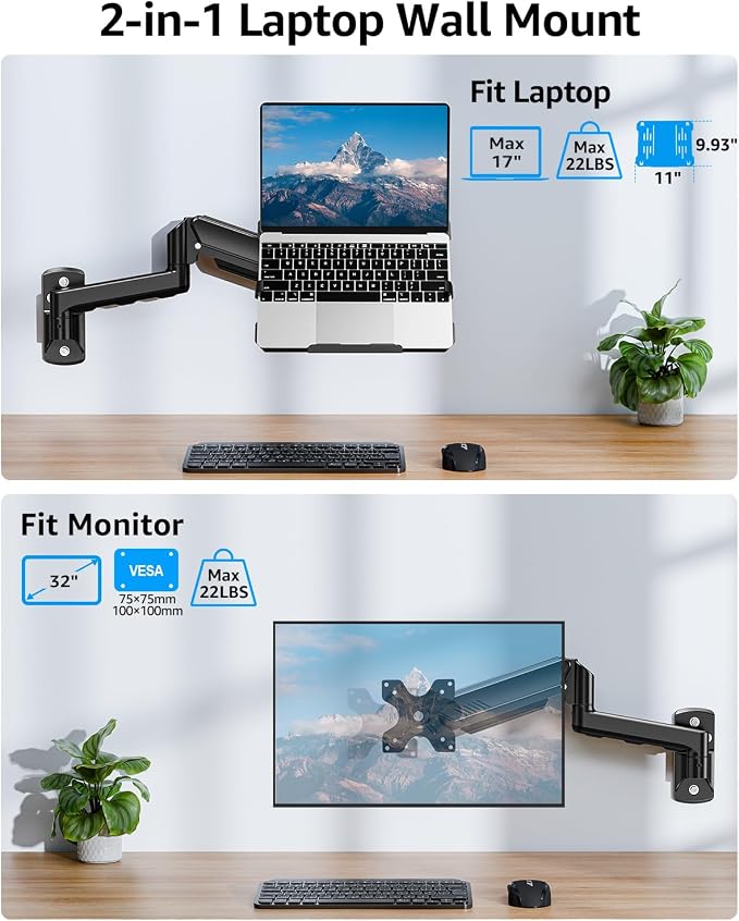 MOUNTUP Laptop Wall Mount, Adjustable Laptop Mount for Max 17" Notebook or Max 32" Monitor, Wall Mount Laptop Holder Holds 4.4-22lbs, 2-in-1 Laptop Arm with Ventilated Tray - Image 2