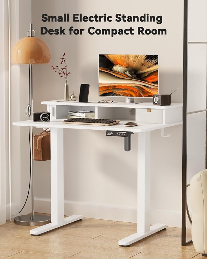 JOY worker 35" Small Electric Standing Desk with Monitor Stand & Storage | White 35" x 25" Height Adjustable Desk for Tight Space, Shutter Door & Drawer, Sit Stand Table with 2 Hooks for Home Office - Image 7
