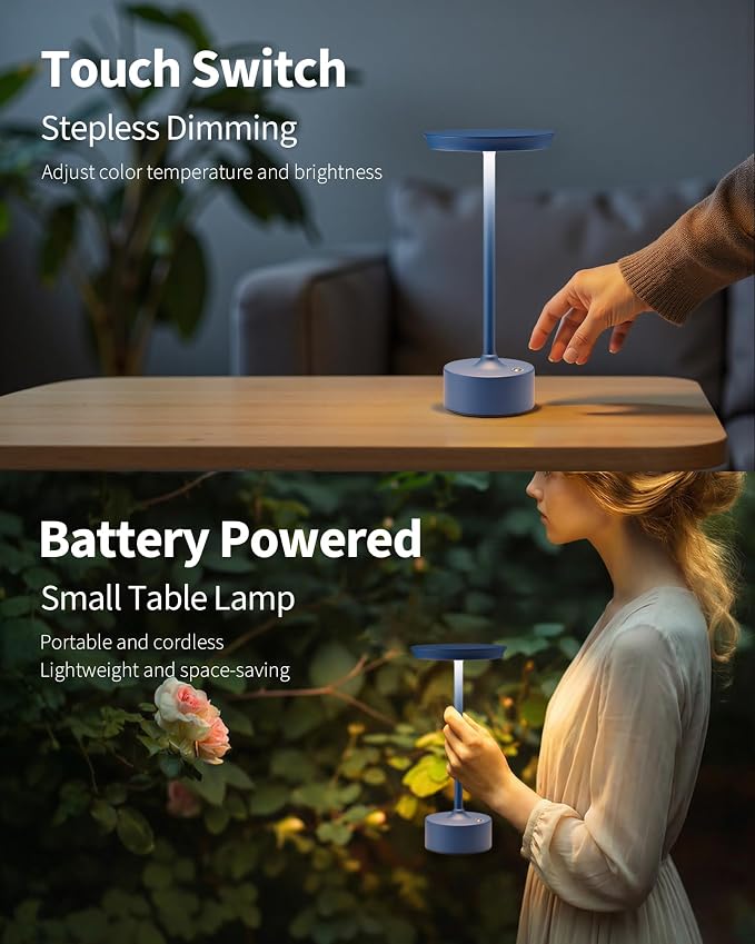 PUSU Rechargeable Table Lamps Set of 2, Blue Cordless Portable Desk Lamp | 4000mAh Battery, Stepless Dimming & 3 Color 2700K-6000K, LED Lamp for Bedroom, Living Room, Restaurant, Outdoor, Night Light - Image 4