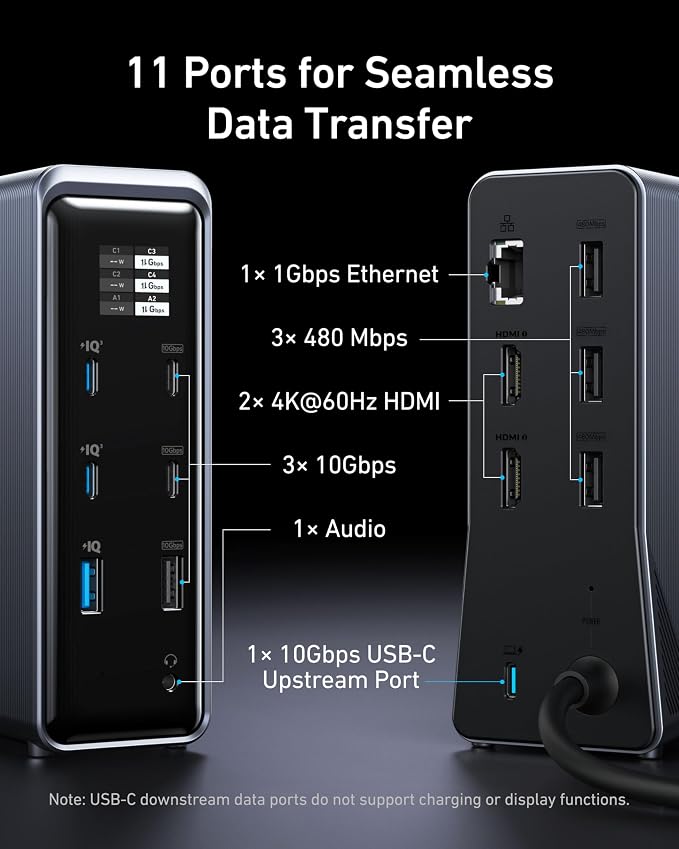 Anker Prime Docking Station, 14-in-1 Laptop Docking Station Dual Monitor | Dual 4K HDMI, 160W Max Output, 10Gbps Data Transfer, Smart Interface, Audio and Ethernet Ports for Dell, HP, Lenovo and More - Image 7