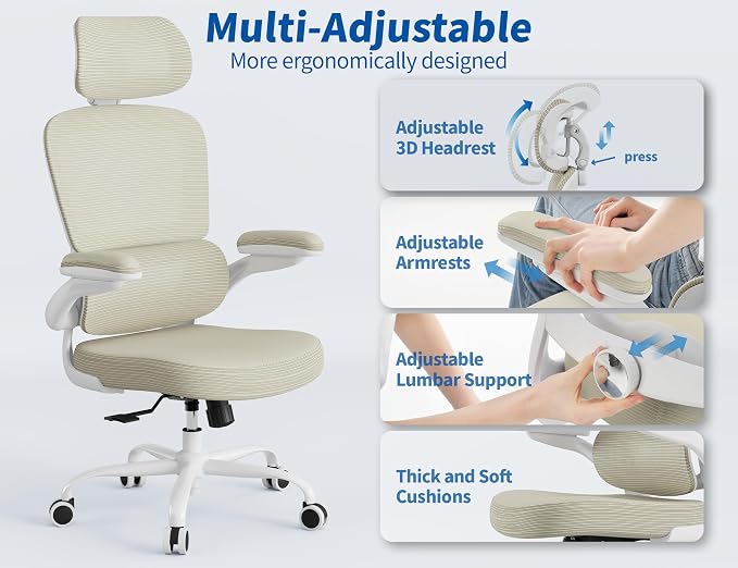 TRALT Ergonomic Office Chair Desk Chair with Adjustable Lumbar Support | Home Office Desk Chairs with Flip-up Armrests & 3D Headrest - Mesh Gaming Chairs for Adults, 330lbs, PU Leather (Beige, 1) - Image 4