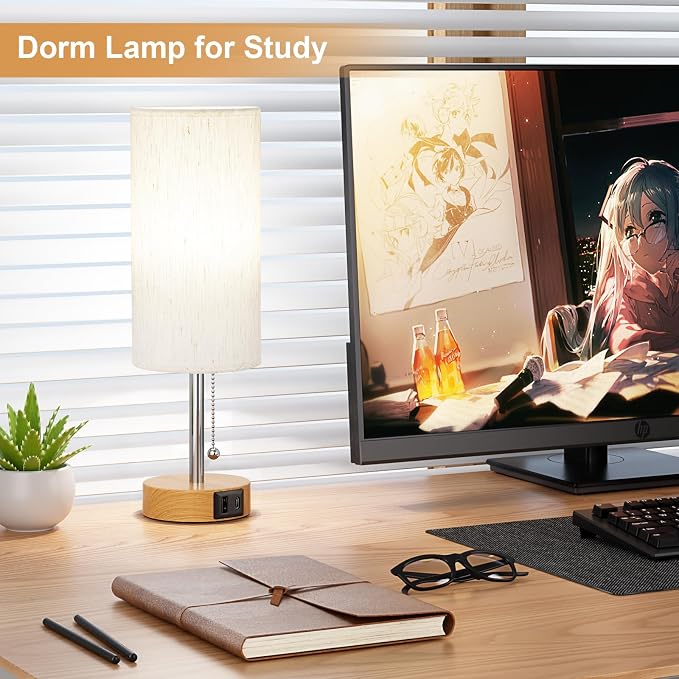 Bedside Table Lamp for Bedroom Nightstand - Small Desk Lamp with USB Ports | USB A+C Ports, 3 Color Temperatures, LED Bulb Included, Linen-Fabric Lampshade, Wood Grain Base, 14" Tall Desk Lamp - Image 5