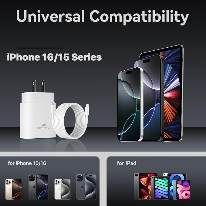 Phone 17 16 15 Pro Max Charger Fast Charging PD 30W, 10 FT iPhone 17 Charging Cable(65W/3A) Long USB C Cord with iPhone 17 Pro Max Chargers Block for iPhone 17/17 Pro Max/17 Air/16/15 Series, iPad - Image 6