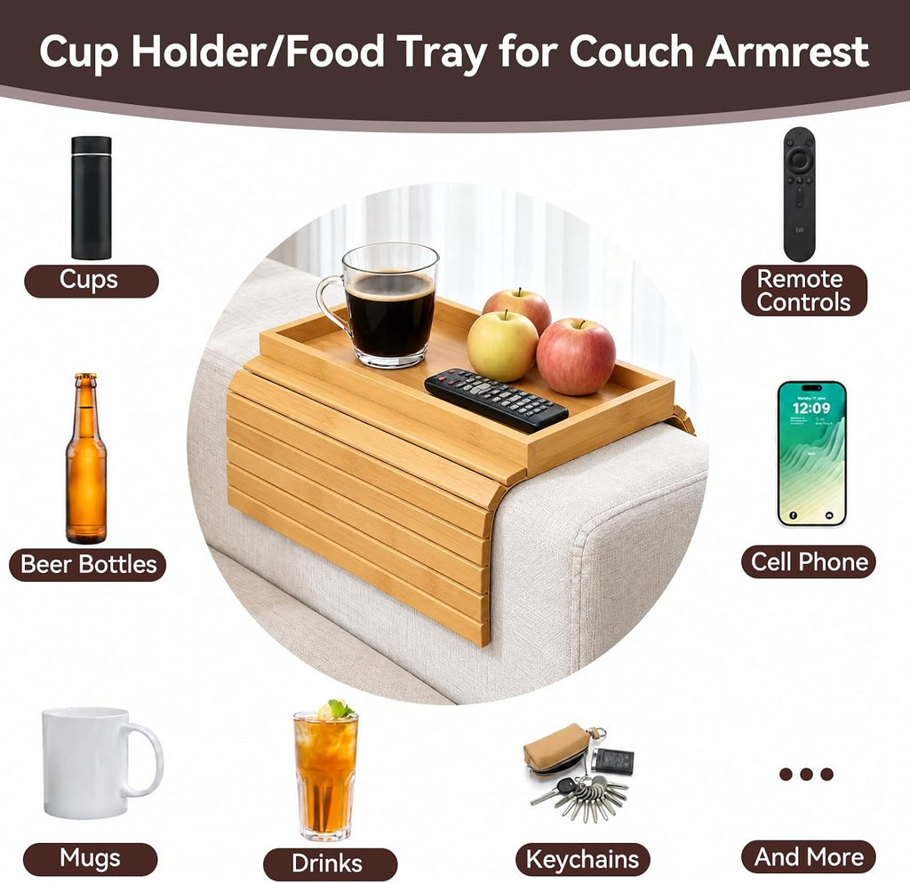 Bamboo Couch Arm Tray, Foldable Sofa Tray Table for Couch, Anti-Falling Sofa Cup Holder, Portable Sofa Arm Chair Table for Drink,Cups, Eats，Snacks, Phone, Remote, Natural - Image 6