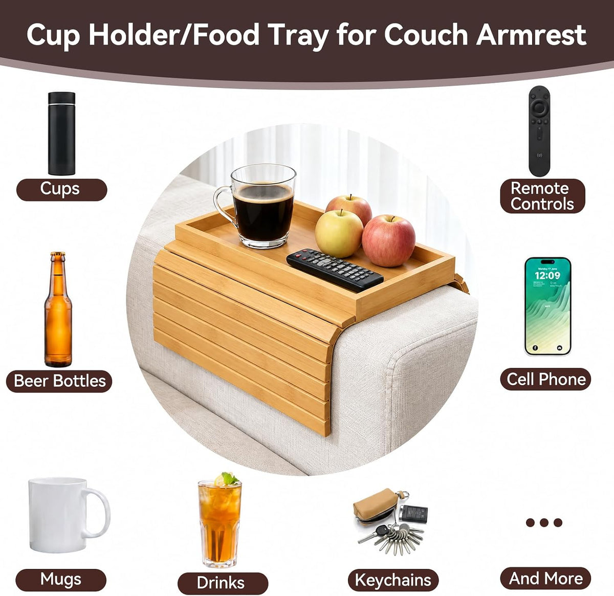 Bamboo Couch Arm Tray, Foldable Sofa Tray Table for Couch, Anti-Falling Sofa Cup Holder, Portable Sofa Arm Chair Table for Drink,Cups, Eats，Snacks, Phone, Remote, Natural - Image 6