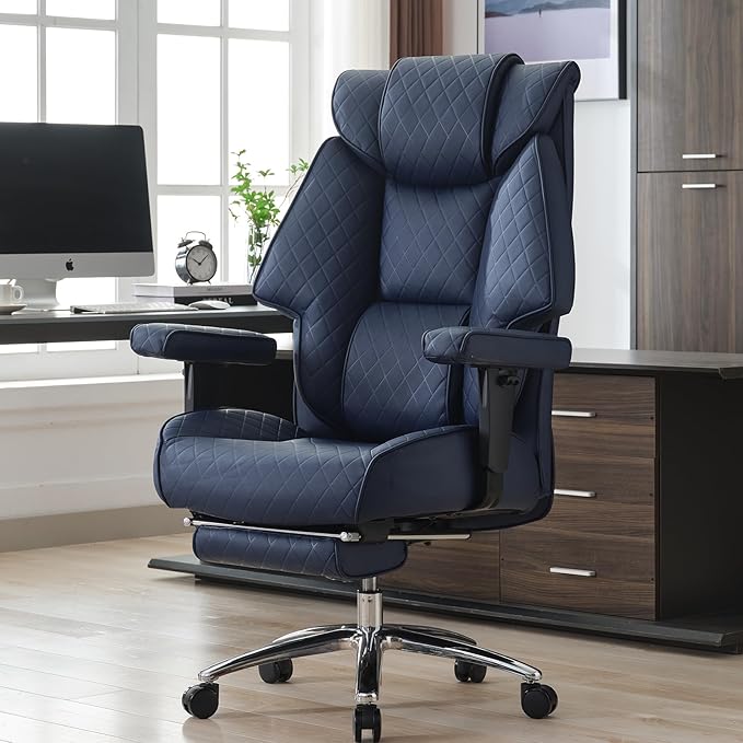 EXCEBET 400lbs Big and Tall Executive Office Chair, Blue PU Leather | Retractable footrest, 135° recline, Lumbar support, Ergonomic high back, Heavy-duty design, Thick cushion, Padded armrests by EXCEBETOFFICECHAIR
