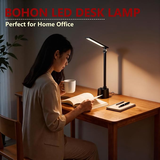 BOHON Small Desk Lamp with USB C Charging Port 5 Colors Stepless Dim Black | Reading Light Space-Saving Rotating Head Desk Lamp for Home Office College Dorm Room Bedside Table Bedroom - Image 8