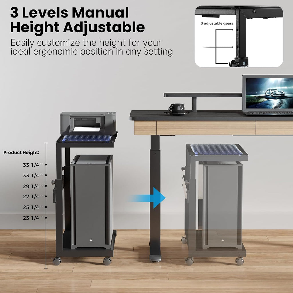 EUREKA ERGONOMIC Height Adjustable Computer Tower Stand, Illuminated Glass Panel PC Stand w/RGB Lights, 2-Tier CPU Holder Cart Under Desk, PC Floor Stand for Office Gaming, APP Control - Image 7