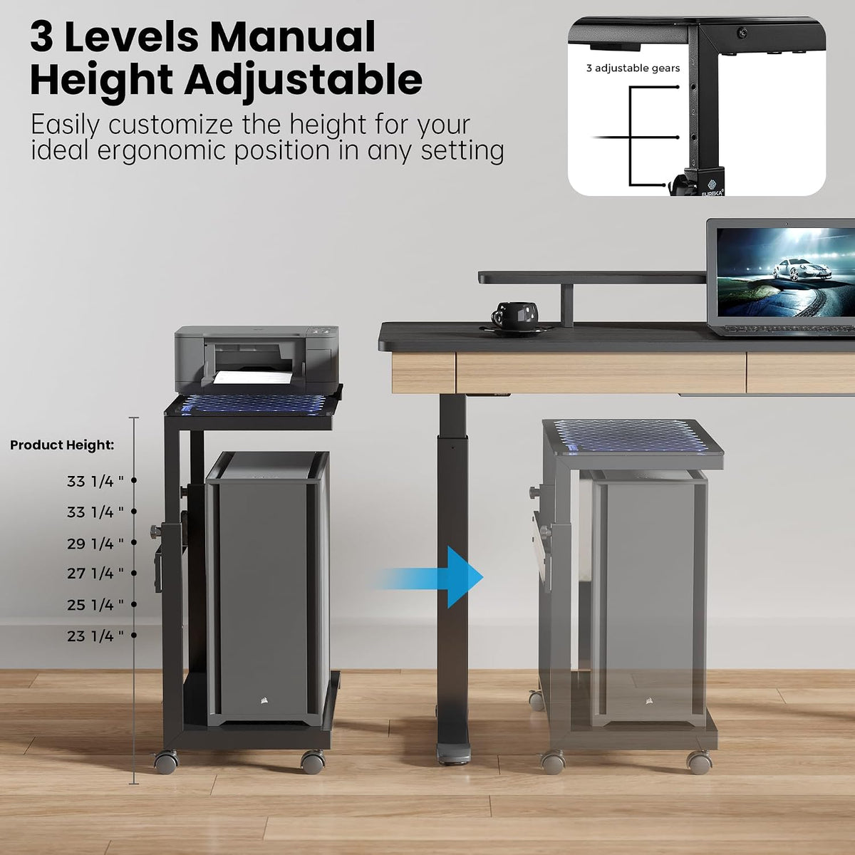 EUREKA ERGONOMIC Height Adjustable Computer Tower Stand, Illuminated Glass Panel PC Stand w/RGB Lights, 2-Tier CPU Holder Cart Under Desk, PC Floor Stand for Office Gaming, APP Control - Image 7
