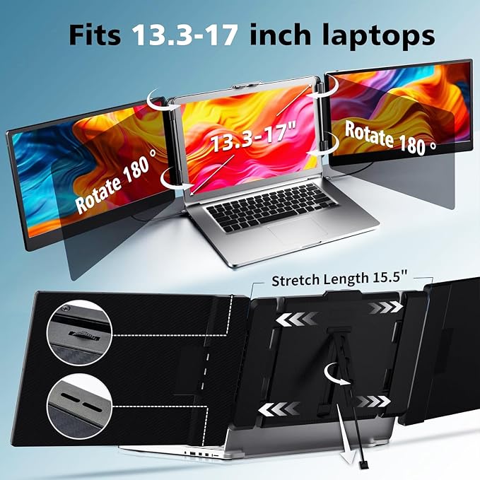 ROYY Laptop Screen Extender, 14" Triple 1080P FHD IPS Portable Monitor | One cable plug & play, Fits 13-17.3" laptops, Multi screen compatible with Windows/Mac/Android/Switch/PS - Image 5