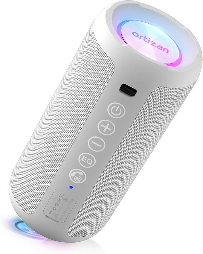 Ortizan Portable Bluetooth Speaker: IPX7 Waterproof, 24W Loud Sound, White | Deep Bass, Bluetooth 5.3, LED Lights, Wireless Stereo Pairing, 30H Playtime, for Home/Outdoor/Party/Beach, Birthday Gift by Ortizan