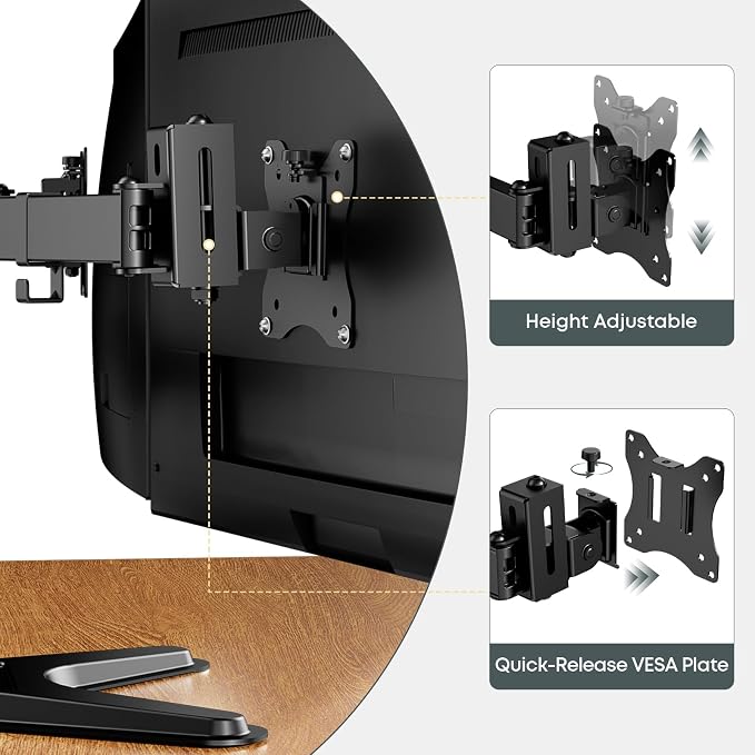 Triple Monitor Stand fits 3 Screens up to 27 Inches, Freestanding | Cable Management, Heavy Duty, Fully Adjustable, Weighted Base, 22 lbs Capacity per Arm, Black - Image 6