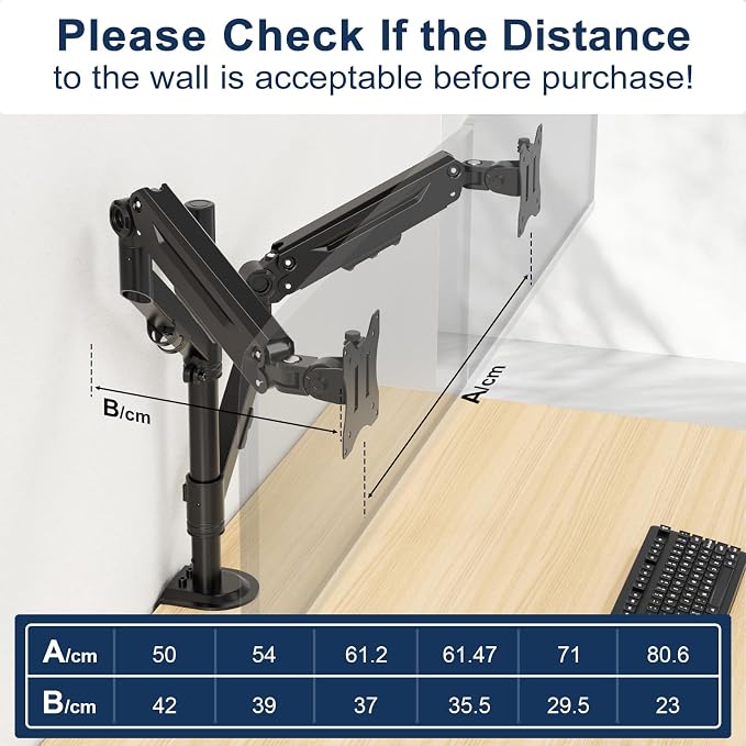 Dual Monitor Mount for 17-40'', Holds up to 26.4 lbs/arm | Vertical/Parallel Placement Monitor Desk Arms for 2 Monitors, with Clamp/Grommet Base, VESA Mount 75/100 mm - Image 6