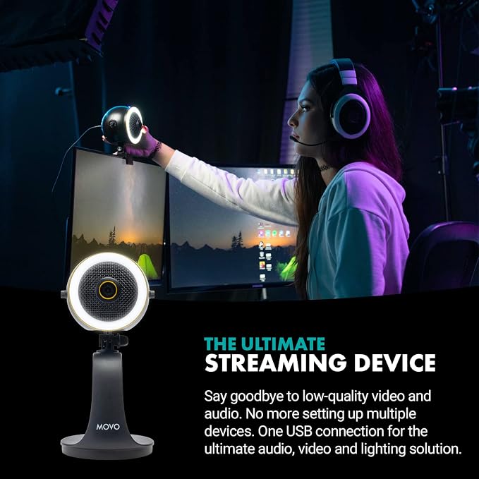 Movo WebMic HD Pro All-in-One Webcam with Microphone and Ring Light- 1080p HD Camera, Pro Cardioid Condenser Microphone, LED Ring Light -HD Webcam for Streaming, Video Conferencing, Recording, Gaming - Image 2