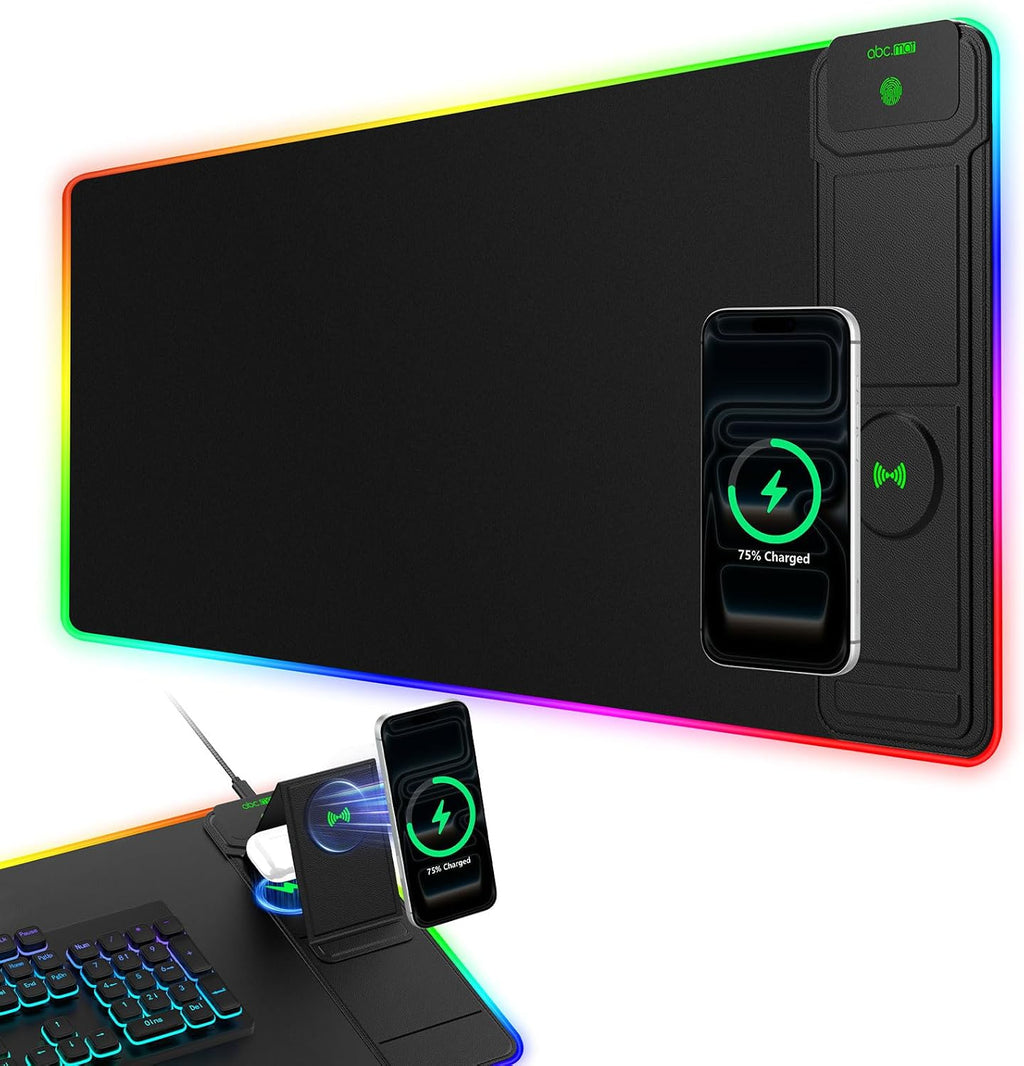 RGB Gaming Mouse Pad with Magnetic Wireless Charging & Foldable Phone Stand by abc.mat