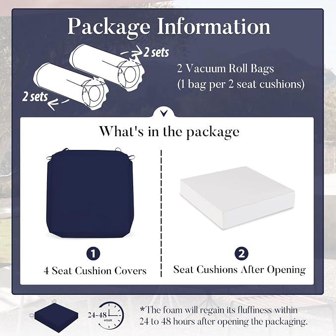 Basic Beyond Outdoor Chair Cushions for Patio Furniture, Waterproof Outdoor Seat Cushions Set of 4 18 x 18, Patio Chair Cushions Set of 4 with Ties and Handle, Navy - Image 7