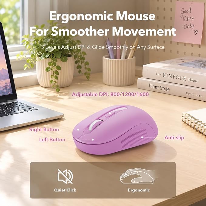 Wireless Keyboard and Mouse, Round Keycaps, Magnetic Wrist Rest, Lilac | Full-Size Retro Typewriter-Style Keyboard, Tilt Legs, Auto Sleep, 2.4GHz Cordless for MacOS, Windows PC, Laptop, SABLUTE - Image 6