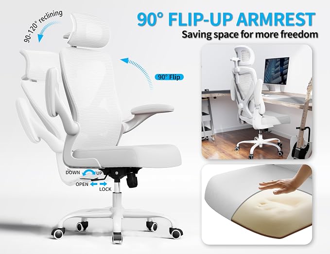 Ergonomic Office Chair: Mesh Desk Chair Comfy with Headrest& Lumbar Support | Ergalithic Big and Tall Office Chairs with Wheels & Flip-Up Arms-Computer Gaming Chairs for Adults Home Office Chairs(White) - Image 7