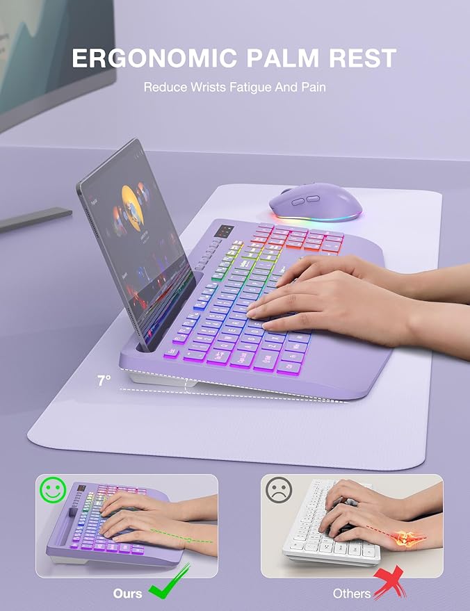 Wireless Keyboard and Mouse Combo, 9 Backlit Effects, RGB, 2.4GHz | Ergonomic Wrist Rest, Phone Holder, Rechargeable, Full Size, KM22 MAX Silent Set for Computer, Laptop, Mac, Windows (Purple) - Image 3