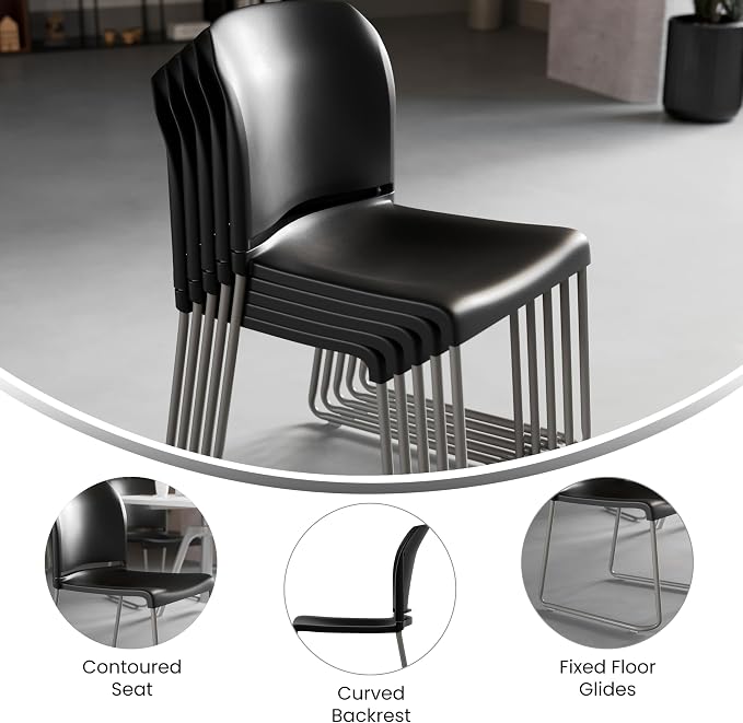 Flash Furniture Hercules Series Contoured Stacking Chairs for Waiting Rooms and Offices, Ergonomic Lobby Chairs with Curved Back, Set of 5, Black | Sled Base, Powder Coated, Contoured, 880 LBS. Weight Capacity - Image 6