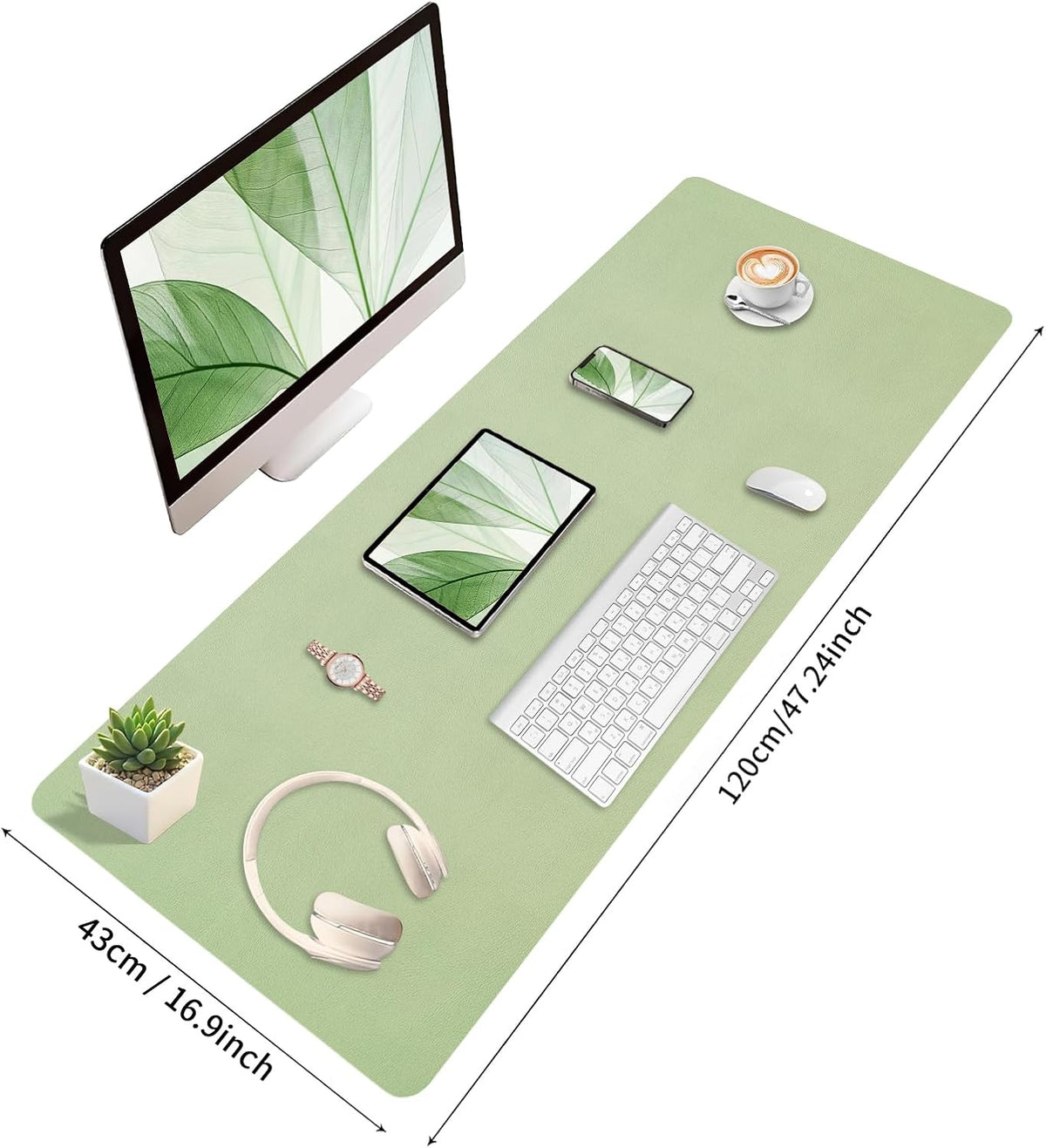 47.2" x 16.9" Large Desk Mat, Leather Mouse Keyboard Pad, Non-Slip Writing Pad, Desk Protector for Office, Home - Light Green - Image 3