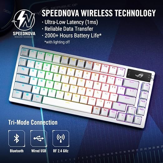 ASUS ROG Azoth Wireless Mechanical Gaming Keyboard – 75% TKL, Tri-Mode Connectivity, Hot Swappable Pre-lubed ROG NX Storm Clicky Switches, PBT Keycaps, RGB, OLED Display, PC/Mac Support - White - Image 3