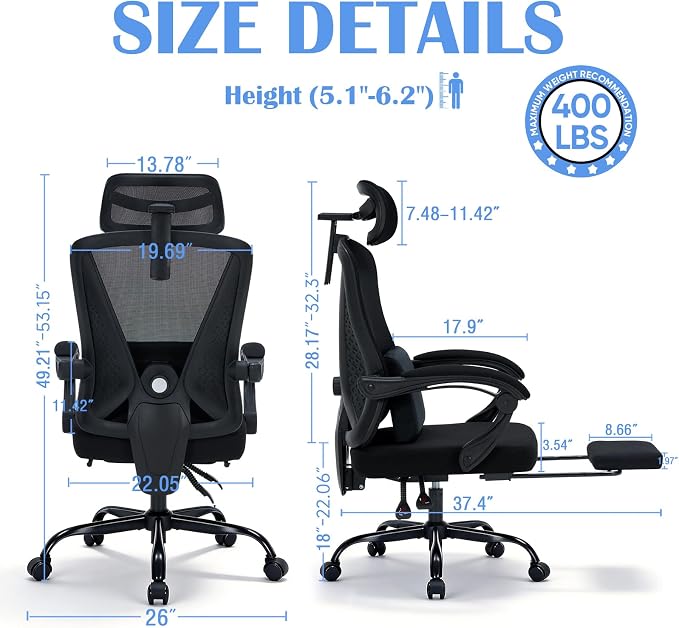Ergonomic Office Chair with Footrest - Adjustable Lumbar Support & 3D Headrest, 90-160° Reclining Mesh High-Back Rolling Work Swivel Computer Chair-400lbs Capacity - Image 2