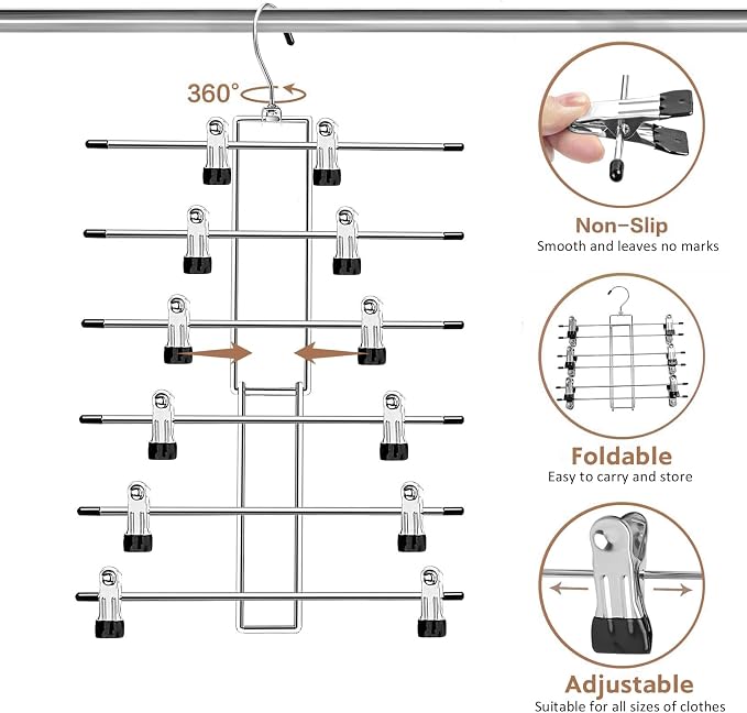 Pants Hangers with Clips,Space Saving Hanging Closet Organizer-6 Tiers Skirt Hangers with 360° Swivel Hook,Closet Organizer-Clothes Hangers- College Dorm Essentials Apartment Essentials-2 Pack - Image 6
