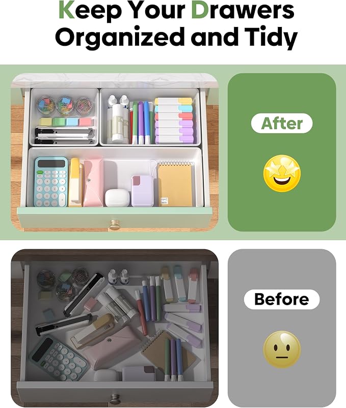 10 Pack Large Size Plastic Drawer Organizers Set, 3 Sizes Desk Drawer Organizer Trays, Storage Bins for Vanity, Makeup, Bathroom, Kitchen Utensils and Office (White) - Image 4