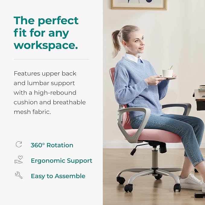 OLIXIS Home Office Chair, Mesh Desk Chair, Ergonomic Lumbar Support | Mid Back Computer Ergonomic, Height Adjustable Swivel Task, Large Seat Armrest, Adults, Pink - Image 5