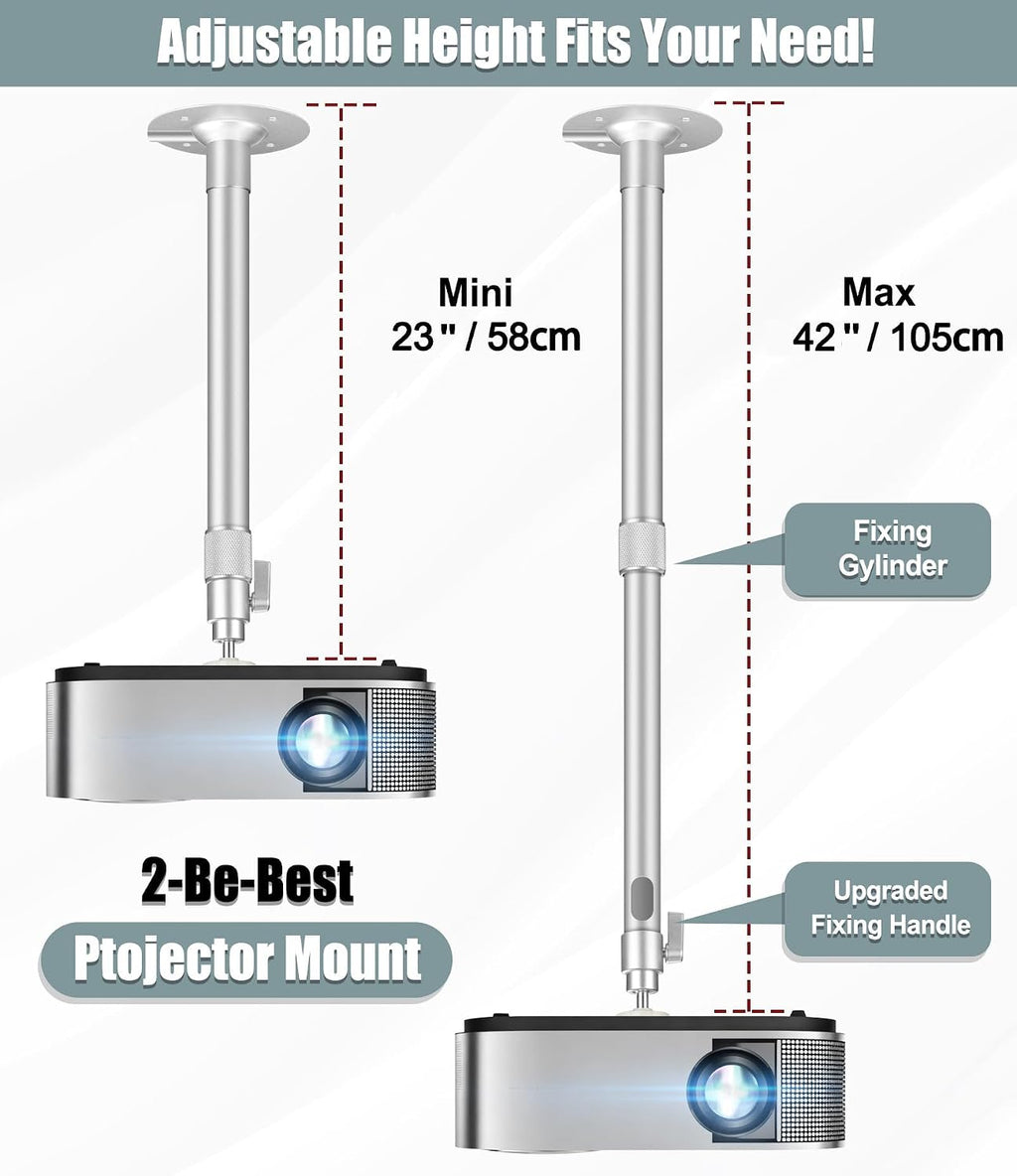 2-Be-Best Projector Ceiling Mount 23-42in / 58-105cm Long Projector Mount High Profile Extendable Ceiling Projectors Mounts Adjustable 360° Rotation Drop Ceiling Projectors Mounts Upgraded Silver - Image 2