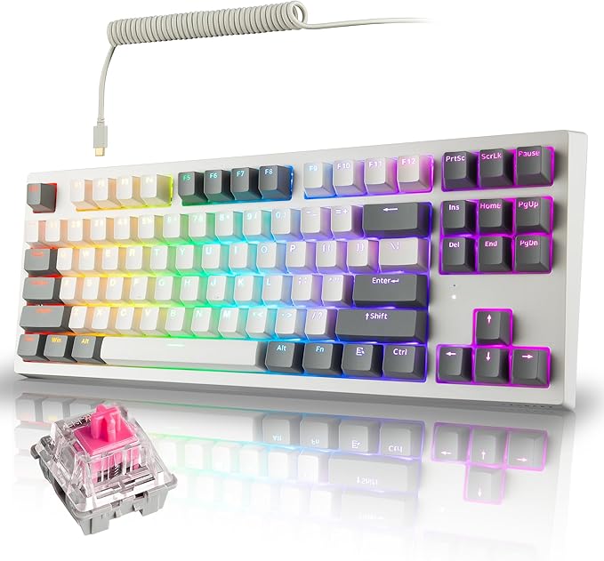 TECWARE Phantom+ Elite 87 Key RGB Mechanical Gaming Keyboard | 3 Mode Wireless Bluetooth 5.0 2.4GHz & USB C Wired | Hot Swappable 5 Pin | Double Shot PBT Keycaps | Wraith Pink Switch - White by Tecware