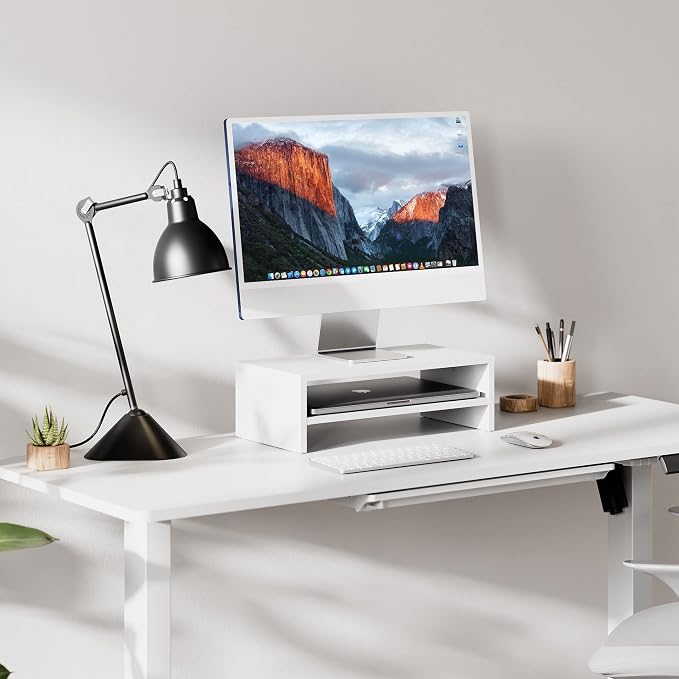 FITUEYES Wooden Monitor Stand Riser, 2-Tier Desk Storage Shelf, White | 16.7-Inch Desktop Organizer Fits Laptop, Computer Screen and Office Supplies - Image 2