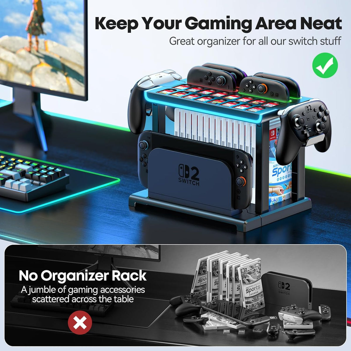 Switch 2 RGB Organizer Station with Controller Charging Dock, Switch 2 Storage Stand, Joycon 2 Charger, Gaming Accessories Holds TV Dock, 16 Game Cases, 16 Game Cards and 2 Pro Controllers - Image 4