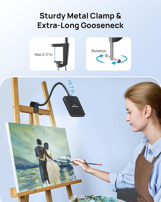 TROND LED Desk Lamp with Clamp, 6000K Daylight, Flexible Gooseneck on Light | 1000LM Super Bright 3-Level Dimmable Desk Light Extra-Long, Eye-Care Clamp Lamp for Painting, Workbench,Reading - Image 3
