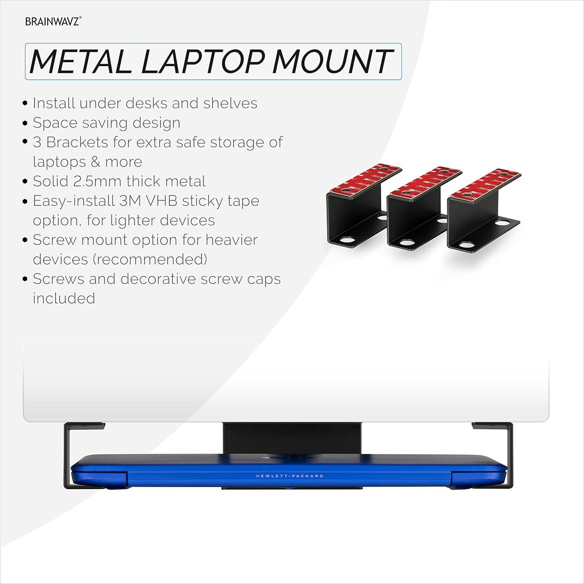Under Desk Laptop Holder Mount For Desk, Adhesive & Screw In, Devices upto 1.5" Thick like Macbooks, Surface, Keyboard, Routers, Modems, Cable Box, Network Switch & More (Metal Black) By Brainwavz - Image 3