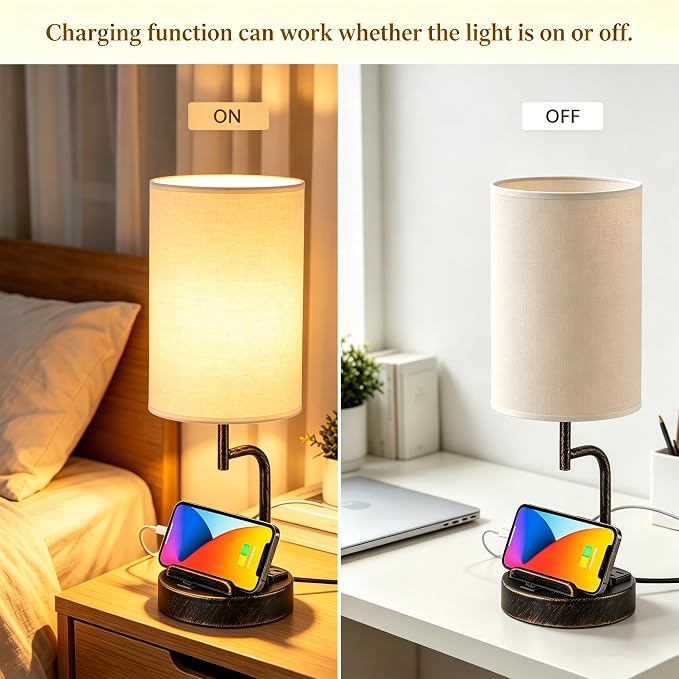 Dreamholder 2 Pack Table Lamp, Bedside Lamp with 3 USB Charging Ports & AC Outlet, USB Desk Lamp with 2 Phone Holders, Linen Fabric Shade Nightstand Lamps for Bedroom Living Room Office, Antique Brass - Image 5