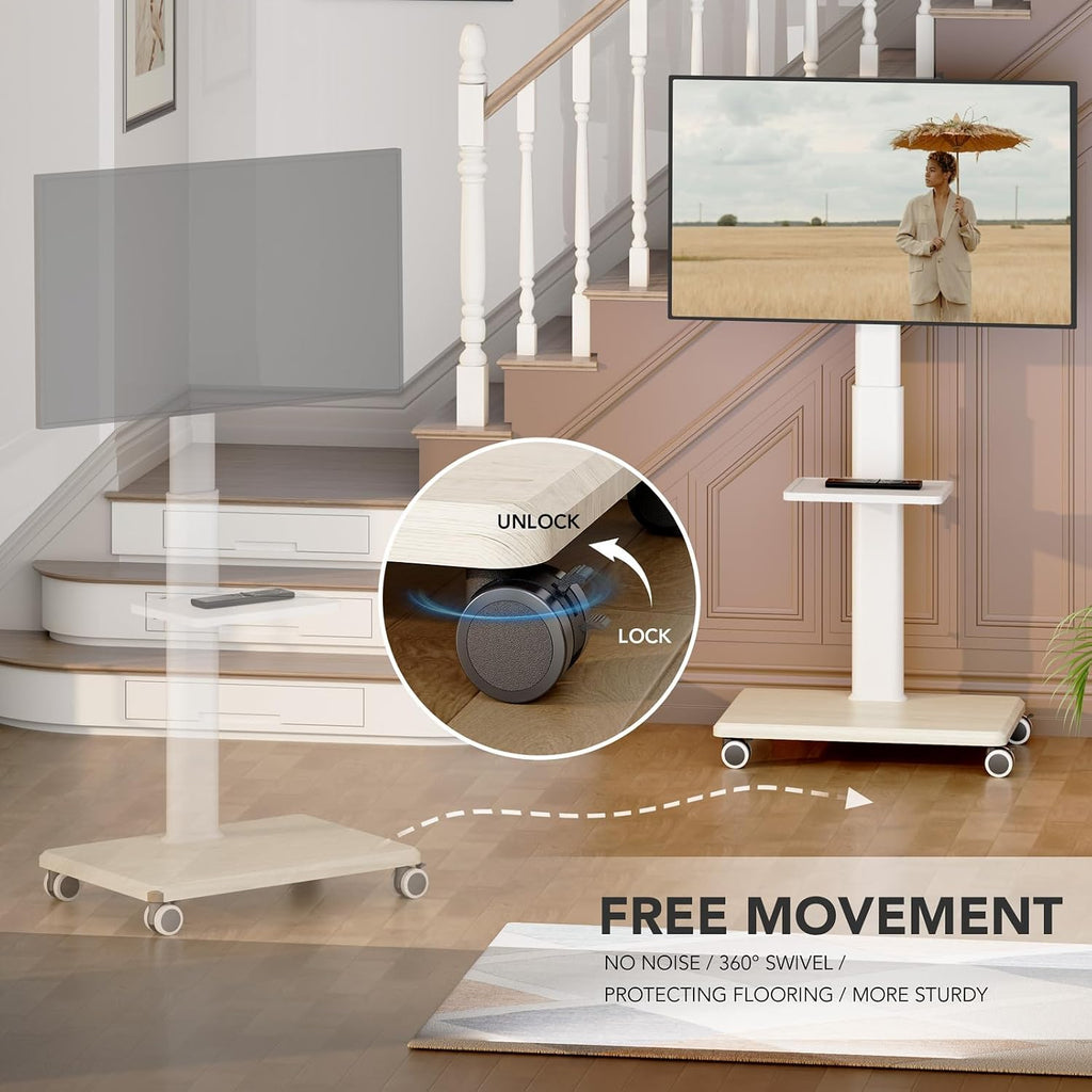 Universal Floor TV Stand, Portable Rolling Floor TV Mount with Wheels, 80 Degree Swivel Height Adjustable for 27 to 65 Inch LCD LED OLED, Holds up to 88 lbs Mobile TV Cart, Max VESA 400x400mm - Image 3