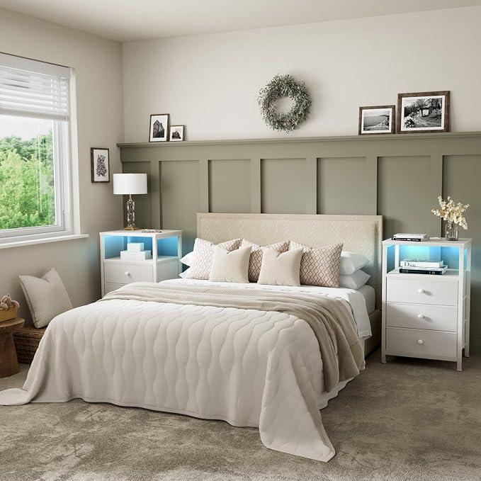 BOLUO White Night Stand with 3 Fabric Drawers, Nightstand with Charging Station LED Nightstand for Bedroom, Bedside Table with USB Ports and Outlets Modern - Image 8