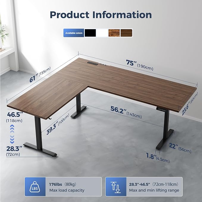 Klicelor L Shaped Standing Desk 75 x 61 Inch,Electric Height Adjustable Corner Desk with Cable Management & Power Outlets, Ergonomic Sit Stand Up Computer Table for Home Office,Dark Walnut - Image 3