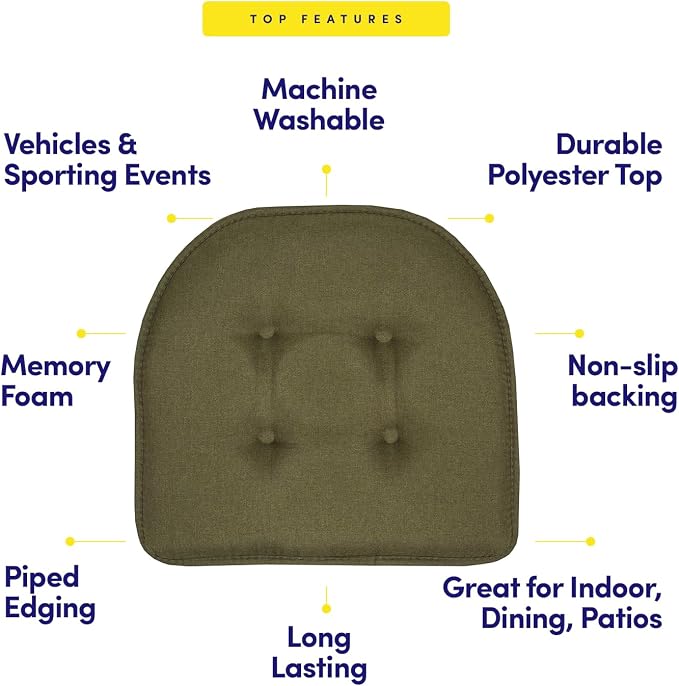 Sweet Home Collection Chair Cushion Memory Foam Pads Tufted Slip Non Skid Rubber Back U-Shaped 17" x 16" Seat Cover, Army Green 6 Count - Image 5