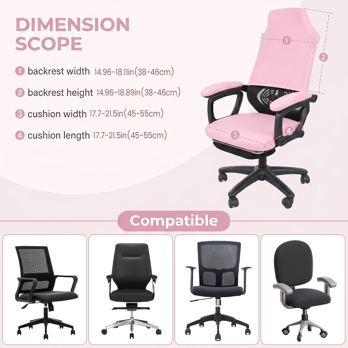 4 Pcs Office Chair Covers Set with Armrest, Stretchable Pink - Image 2
