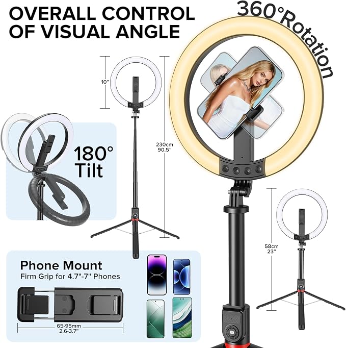 10" Ring Light with Stand 90'' Tall for iPhone & Android, Light with Tripod | Selfie Light with Extendable Tripod Stand, Phone Holder, Remote for YouTube, Makeup,TIKTok, Vlogging - Image 5