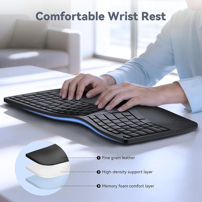TECKNET Wireless Ergonomic Keyboard Rechargeable, 2.4G+Bluetooth Ergo Cordless USB Computer Keyboard, Wrist Rest, Natural Typing, Stain-Resistant Fabric, Compatible For Windows Computer Desktop Laptop - Image 3