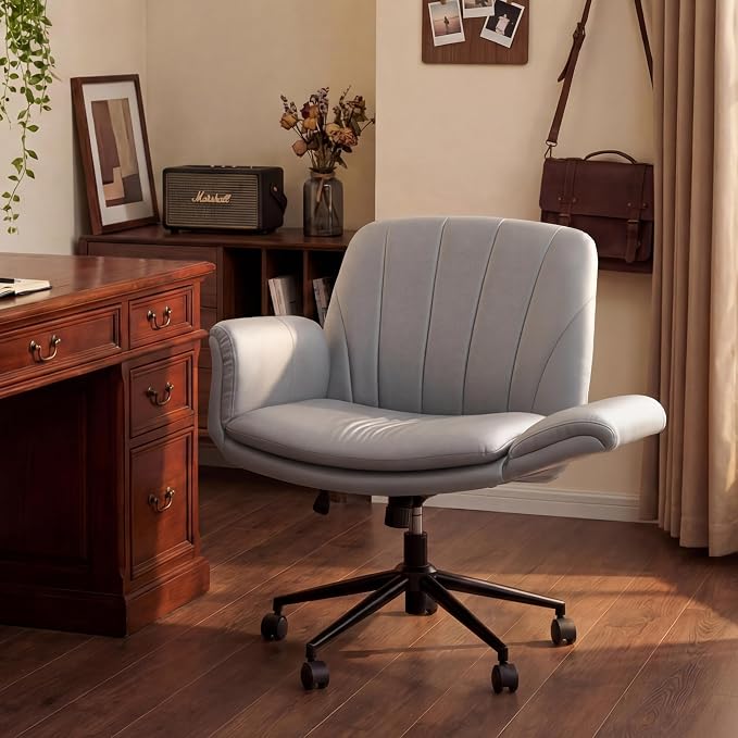 Dowinx Criss Cross Chair with Five-Level Adjustable Arms and Wheels - Comfortable Ergonomic PU Leather Swivel Vanity Chair - Computer Makeup Gaming Chair for Home Office, Bedroom, Vanity Room (Grey) - Image 9