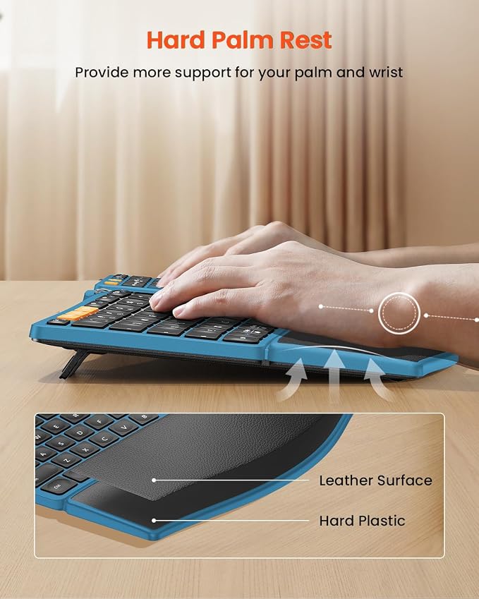 ProtoArc Wireless Ergonomic Keyboard with Separate Number Pad - Blue | 2.4G and Dual Bluetooth, Hard Palm Rest, Split Design, Rechargeable, Compatible with Windows, Mac - Image 3