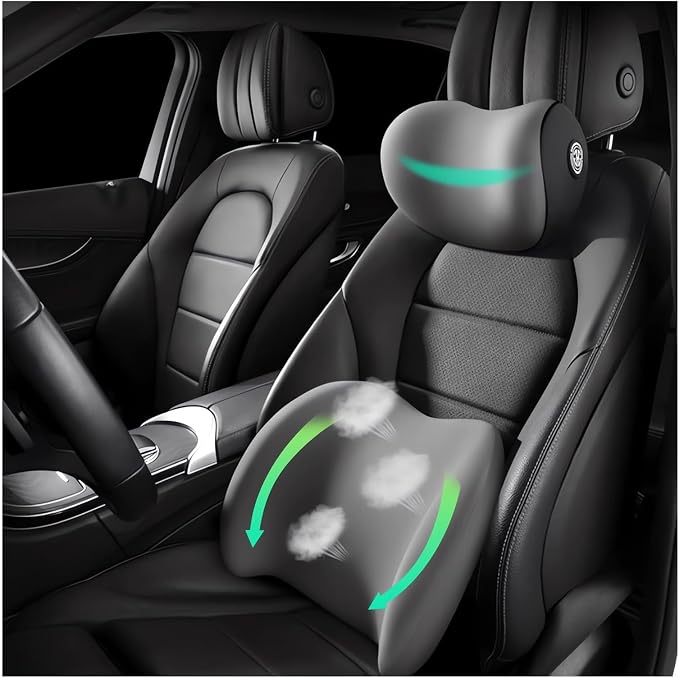 Car Headrest & Lumbar Support Cushion Ergonomic Car Seat Neck Back Rest Pillows Orthopedic Memory Foam Head Rest and Lower Lumbar Support Pillow Set Backrest Driving Seat Office Chair Support (Grey) by GYLCTOM