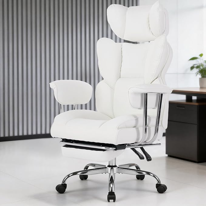 DUMOS Big and Tall Home Office Desk Chair, Executive Chair with Footrest | Scratch-Resistant PU Leather, Ergonomic Reclining, Pocket Spring Support, 400 LBS Weight Capacity, White - Image 8