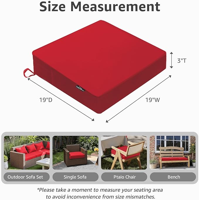 PatioGlow Outdoor Chair Cushions 19 x 19 x 3 Inch, Waterproof & Fade Resistant Patio Seat Cushion for Furniture with Handle and Ties, Thick Seating Pads for Outside Sofa Couch Set of 2, Red - Image 2
